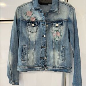 Frank Lyman Design Blue Jean Jacket with Pink Floral Embroidery. New, never worn